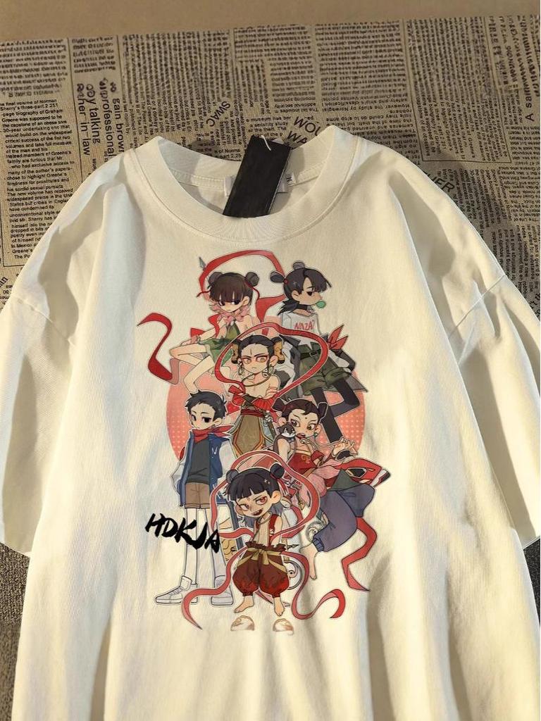 Unisex Nezha Cartoon T-Shirt - American Style, Short-Sleeved, Loose Fit, 2025 Collection, Pure Cotton Summer Top