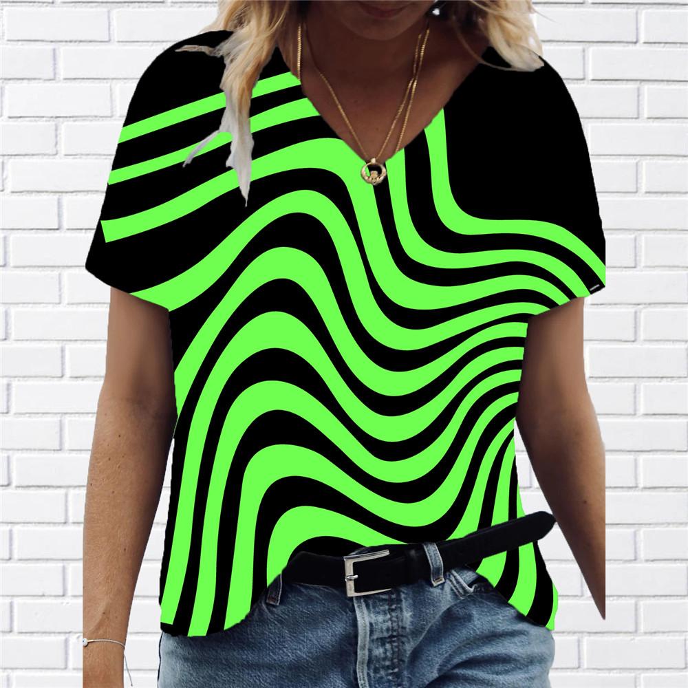 Moda damska odzież 3d krzywa koszulka z nadrukiem Casual dekolt w serek nowa abstrakcyjna damska koszulka ponadgabarytowa odzież uliczna topy z krótkim rękawem