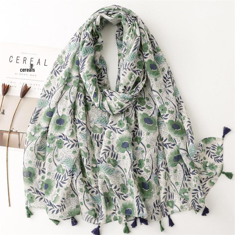 Yitao Women's Ethnic Cotton-Linen Scarf: Orange Wheat Ear Tassel Design, Ideal for Travel, Beach, or Shawl Use