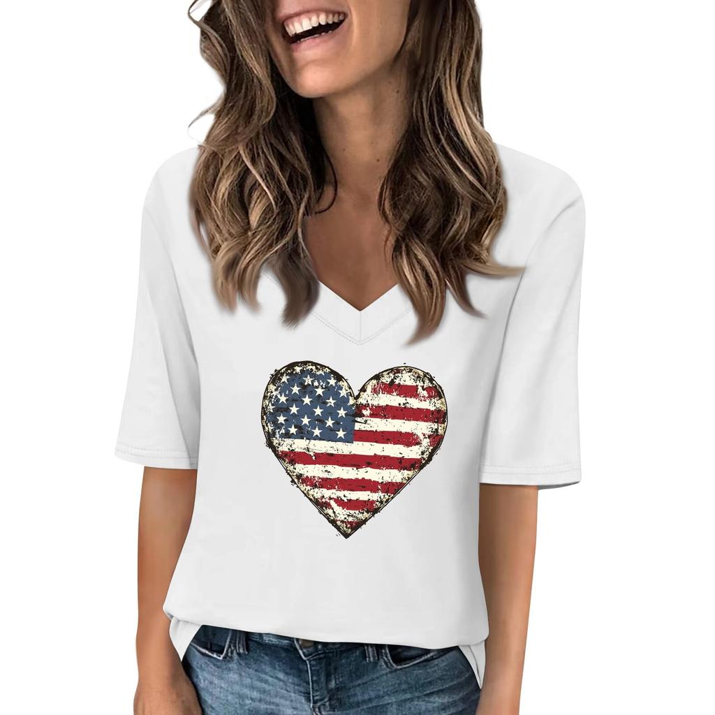 Women's V Neck T Shirts Half Sleeve Tops Printed Casual Summer Tees T Shirt Blouse
