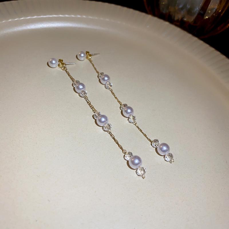 Long Dangle Earrings For Women Fashion Full Crystal Simulated Pearl Tassel Drop Earring Vintage Gold Color Brincos Jewelry