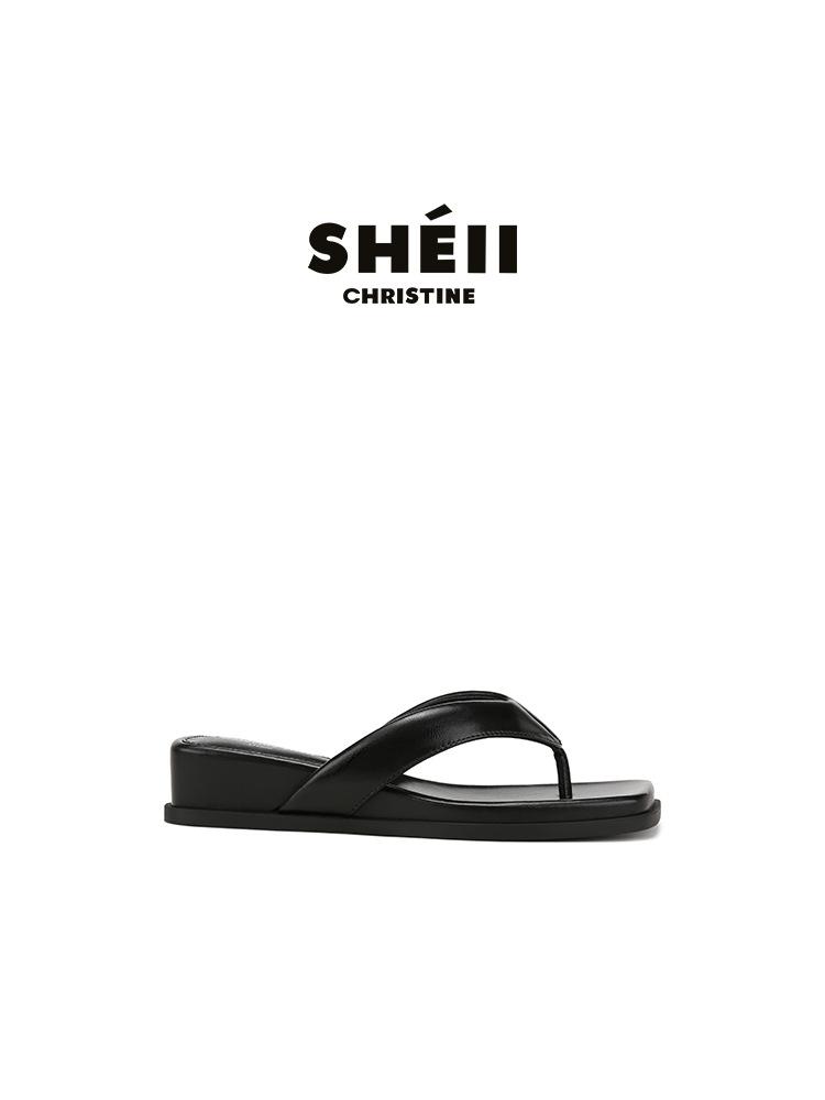 Sheepskin version Su Yinyin of the same style, square head thick bottom toe slippers, women's summer slope and beach herringbone cool slippers, outsi