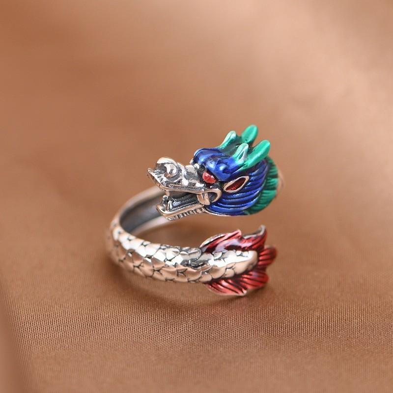 925 Retro Style Dragon & Phoenix Enamel Ring: Unisex, Artistic, Open Index Finger Design