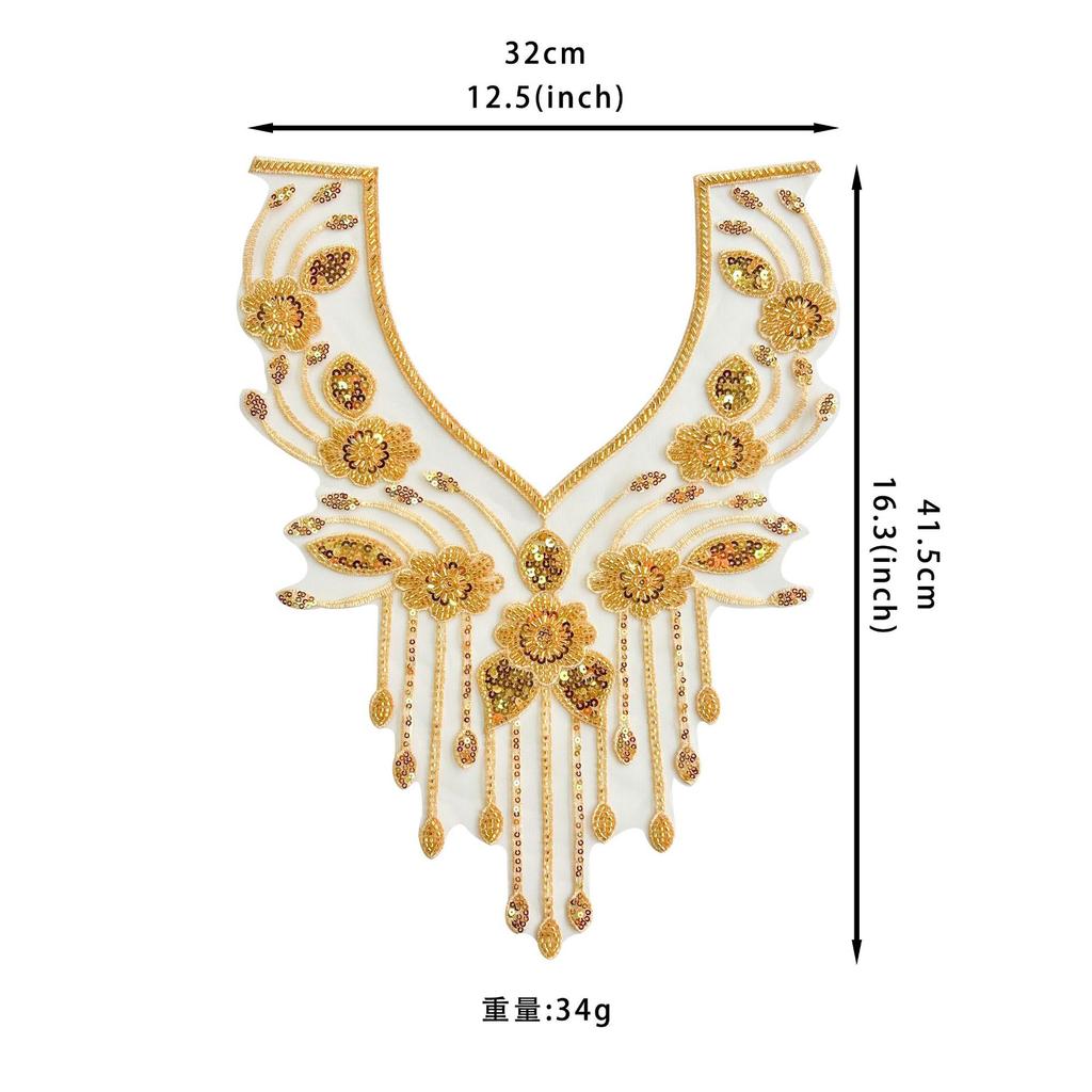Gold Heavy Industry Beaded Sequins V-Neck Embroidered Decal Dress Performance Dress Decorative Front Neck Cloth Stickers Accessories