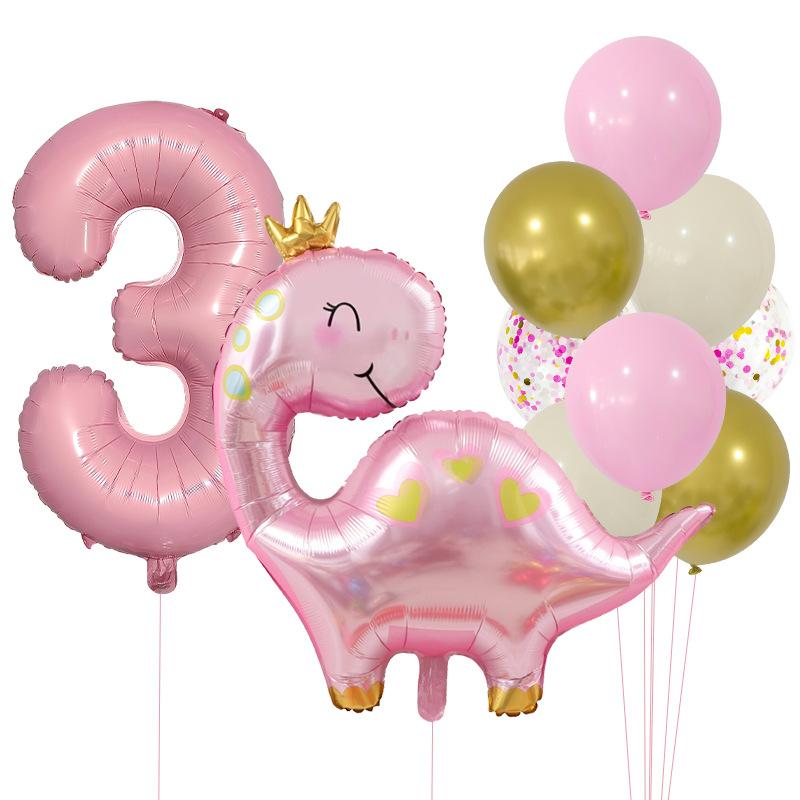Cute Crown Pink Dinosaur Aluminum Film Balloon Set 32 Inch Pink Digital Girl First Birthday Party Decoration