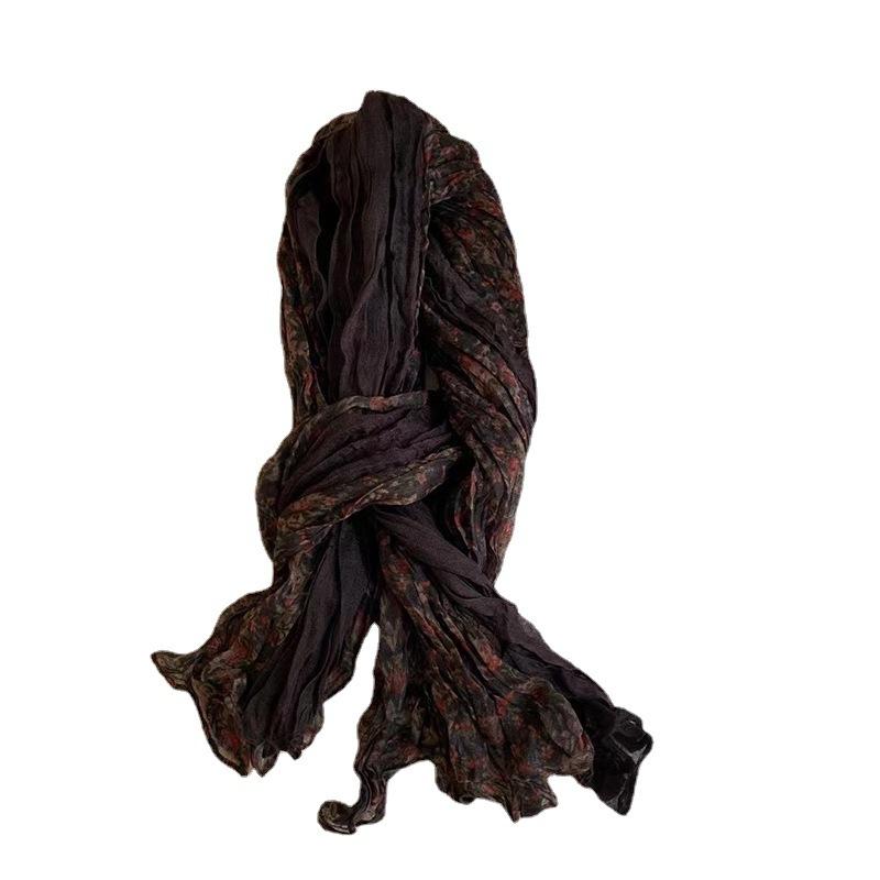 Vintage Cotton and Linen Scarf for Women Autumn and Winter Printed Thin Pleated Scarf Silk Scarf