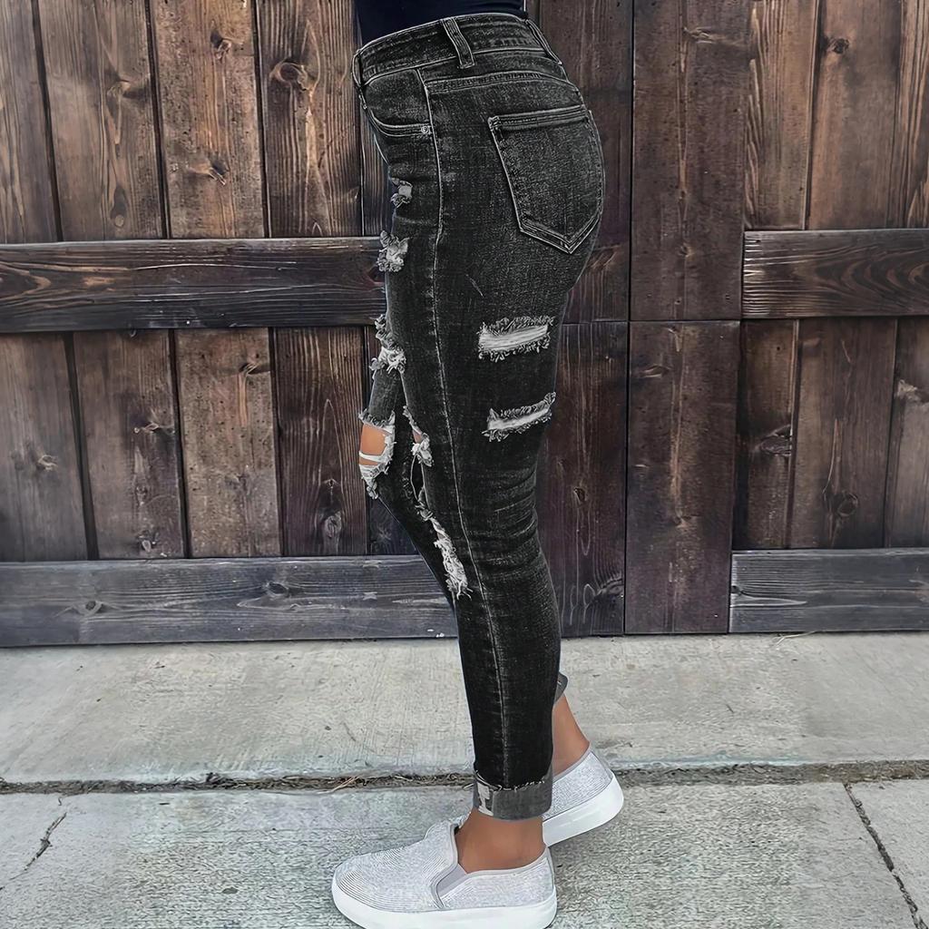Dámské Skinny Trend Roztrhané Ležérní Módní Džíny s Rovnou Nohavicí