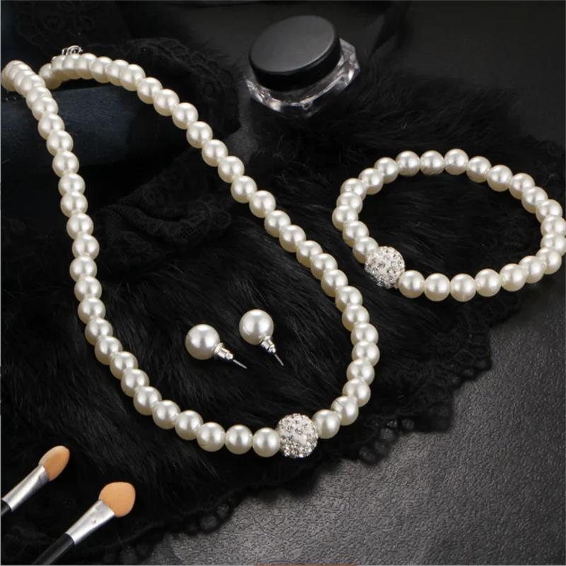 Fashion Rhinestone Pearl Necklace Earrings Bracelet Aset  Trendy Party Jewelry Gift