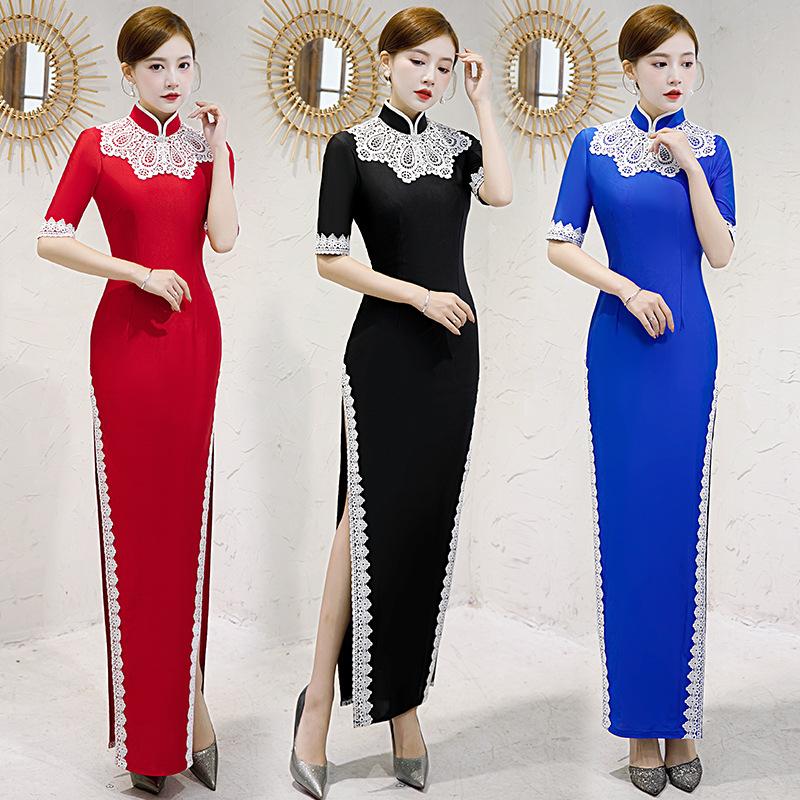 Long improved version Young medium-sleeved etiquette Bride mother wedding dress catwalk cheongsam New autumn and winter