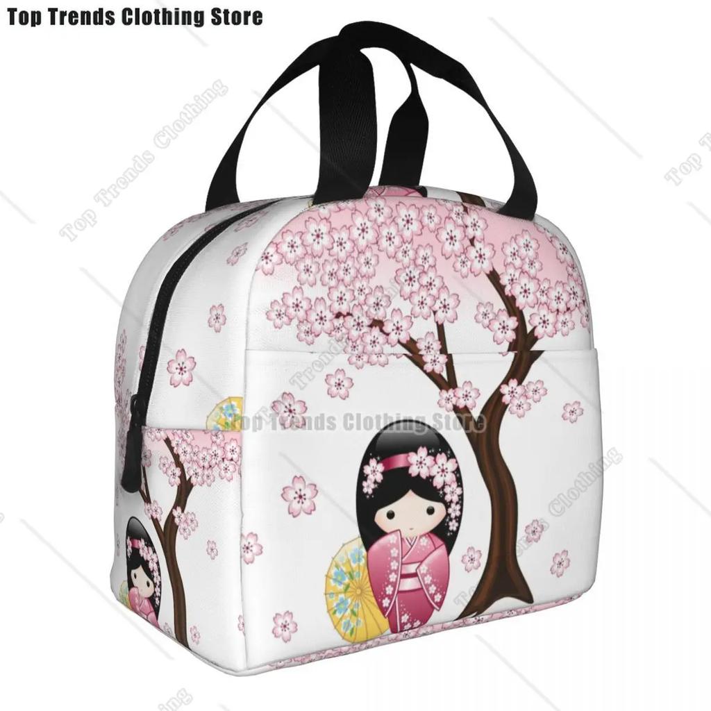 Japanese Keiko Kokeshi Doll Insulated Lunch Bag Cute Design Kimono Geisha Dolls Girls Cooler Thermal Bento Box Lunch Boxes