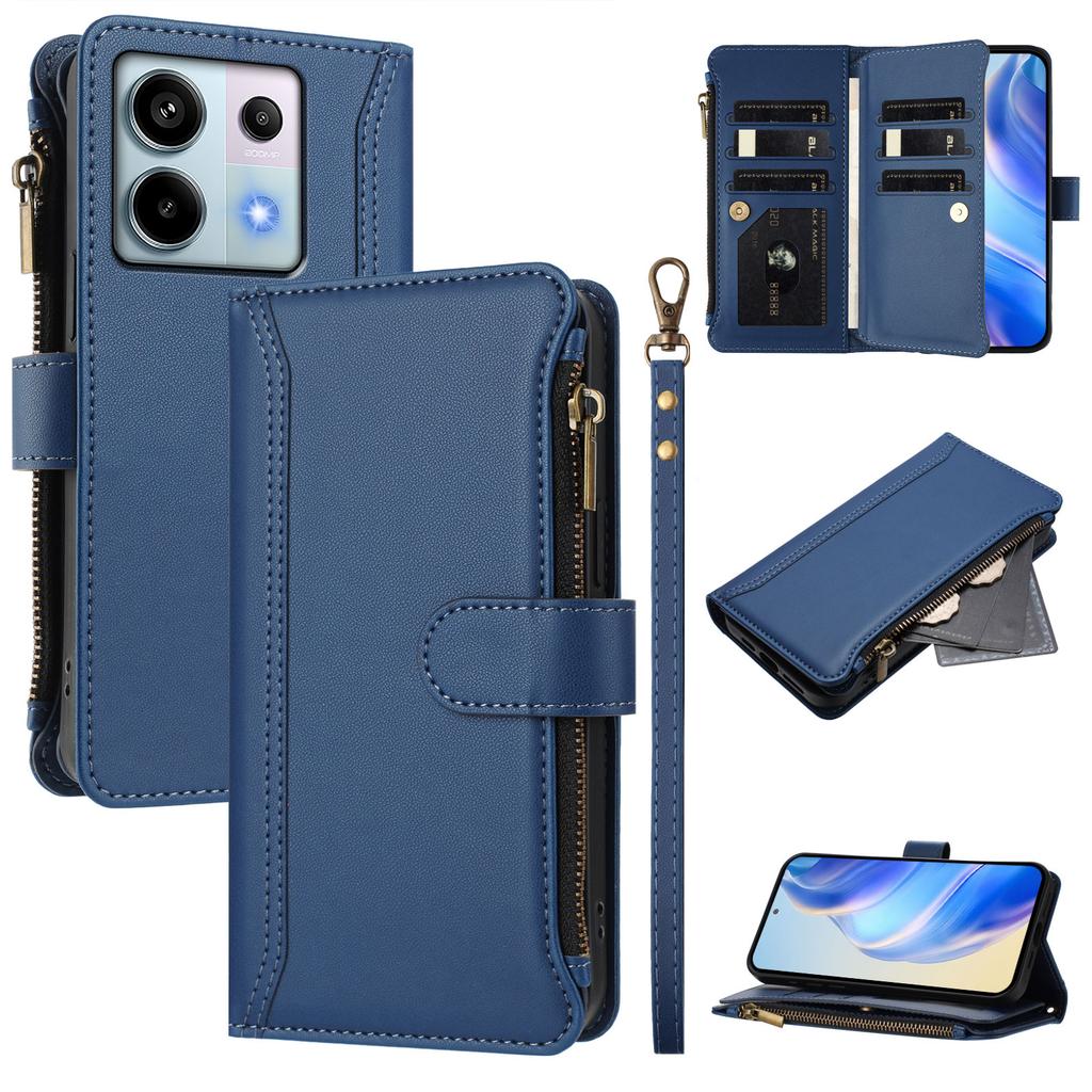 For Xiaomi Poco X6 5G/Xiaomi Redmi Note 13 Pro 5G Leather Case 9 Card Slots Zipper Wallet Stand Phone Cover with Wrist Strap