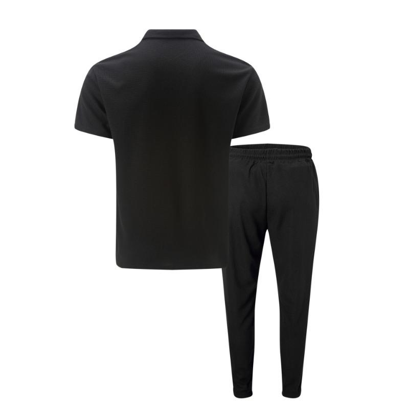 Men Spring Autumn New Solid Color Waffle Knit Collared Half Zip Polo Shirt Pants Set