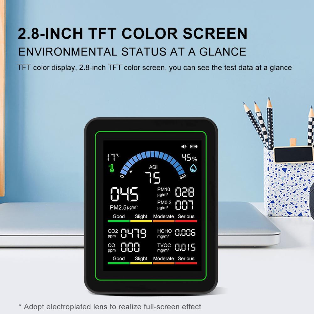 10-in-1 Air Quality Monitor Real-Time PM2.5 Tester w/ 2.8In TFT Display Screen Temp Humidity CO2 Detector for Home Office School