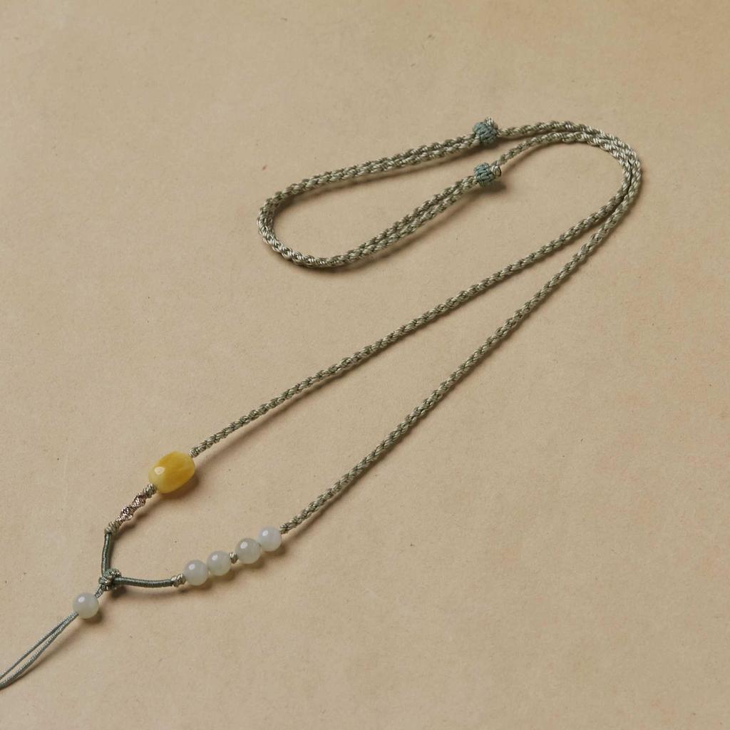 Handcrafted Hetian Jade Pendant Necklace with Adjustable Woven Lanyard