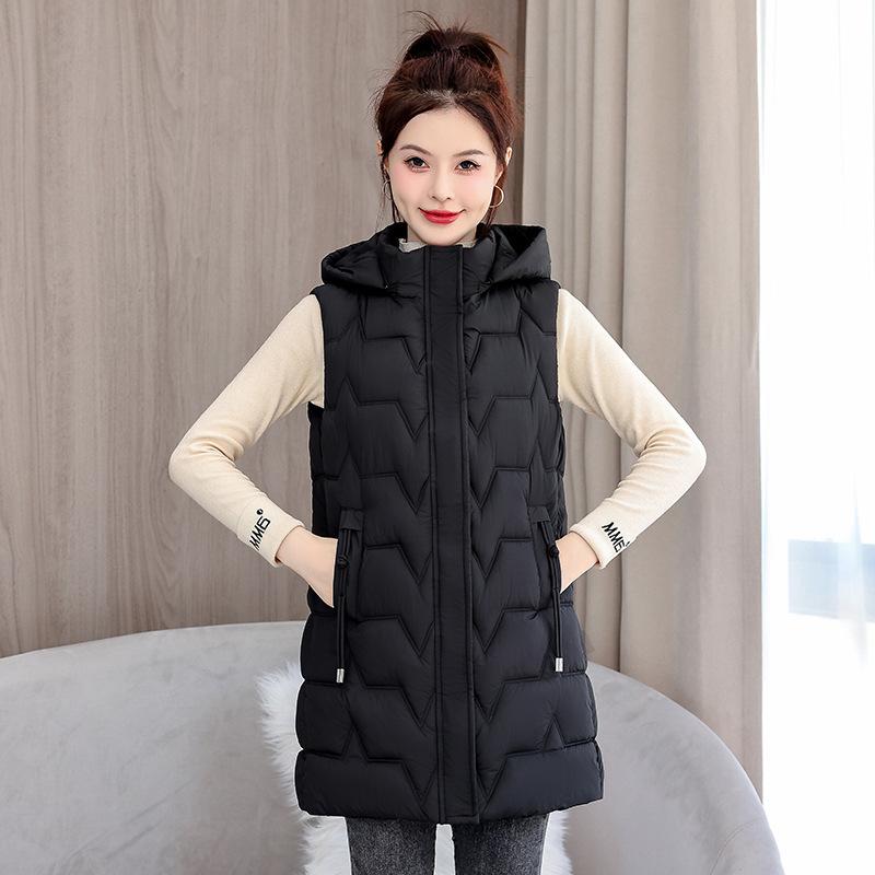 New Autumn and Winter Down Cotton Vest Women's Medium and Long Fashion Hooded Student Vest Vest Vest Jacket Tide