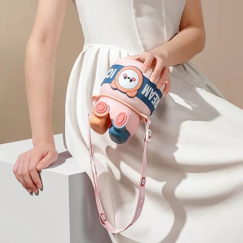 850ml Thermos Cup Stainless Steel Cartoon Vacuum Water Bottle with Straw for Children Outdoor Camping Vacuum Flasks Kids Gifts