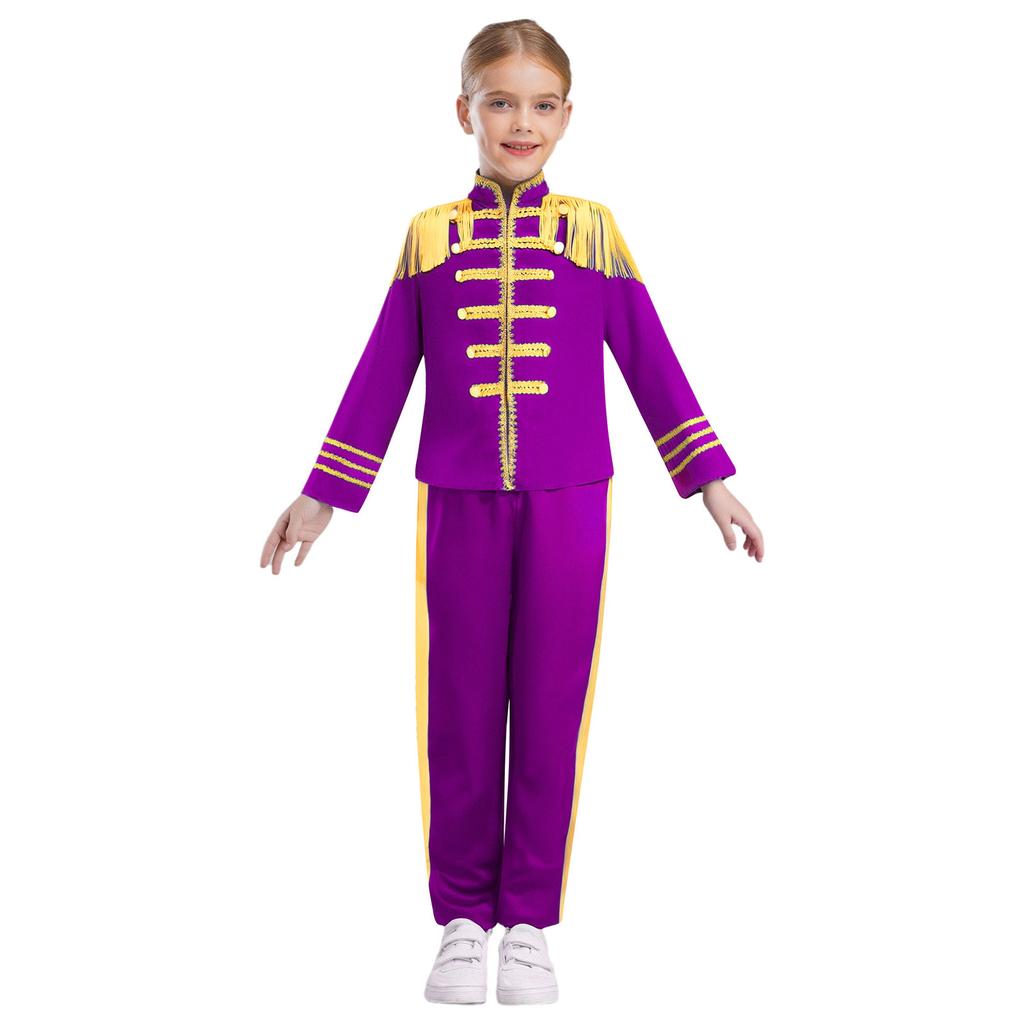 Kids 1960s British Star Costume Long Sleeve Gold Lace Decoration Fringe Rock Band Musician Shirt Pants Set