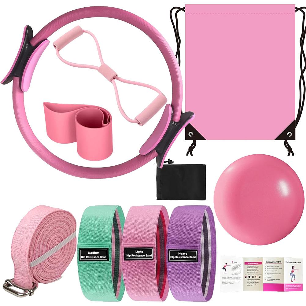 10pcs Pilates Essentials Kit with Stretching Strap 8 Resistance Bands Pilates Ring and Ball Set with Storage Bag for Workout