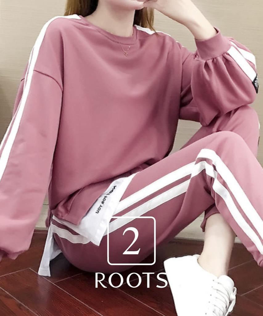 Second Roots Sweatsuit Layered Style with Side Comfortable and Long Sleeve Solid No Sporty Top and Bottom Light 2-Piece Set, Stripes, Loungewear,