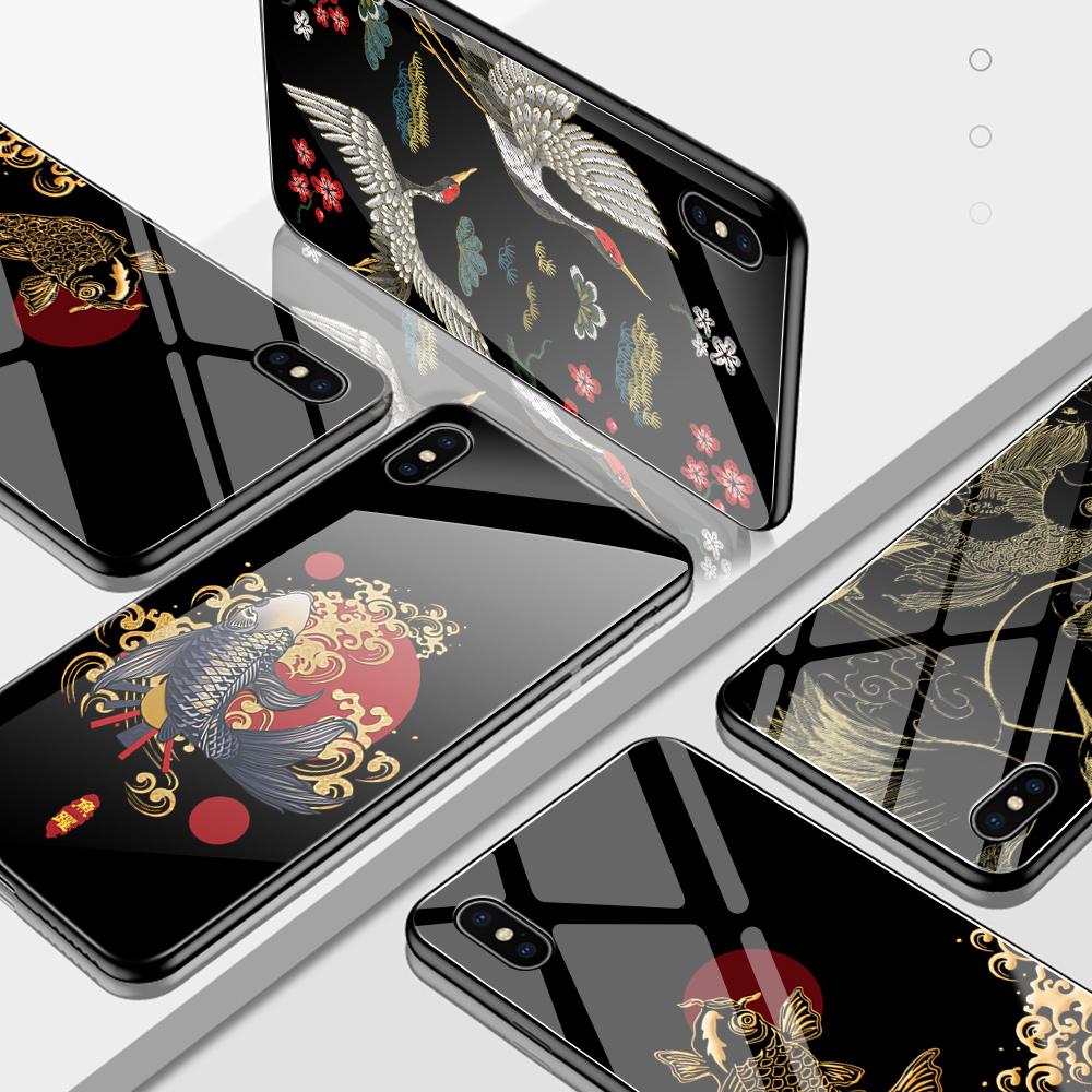 Kryt na telefon z tvrzeného skla pro iPhone Samsung Galaxy Infinix TPU Soft Edge Fashion Luxusní čínský styl nárazuvzdorný kryt