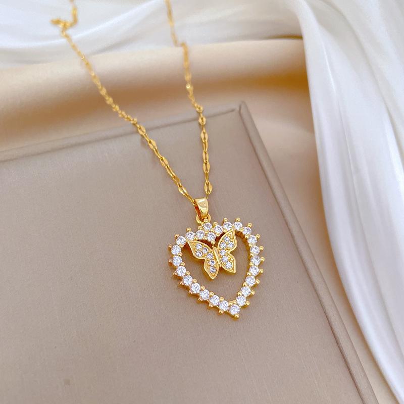Love Butterfly Full Diamond Light Luxury Temperament Gorgeous Full Diamond Necklace Female Versatile Collarbone Chain Titanium Steel Chain
