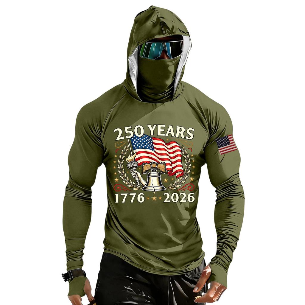 Men's Casual Raglan Sleeve Hooded Long Sleeve Sun Protection Shirt Lightweight Breathable Outdoor Sports Top with Face Cover and Thumb Holes