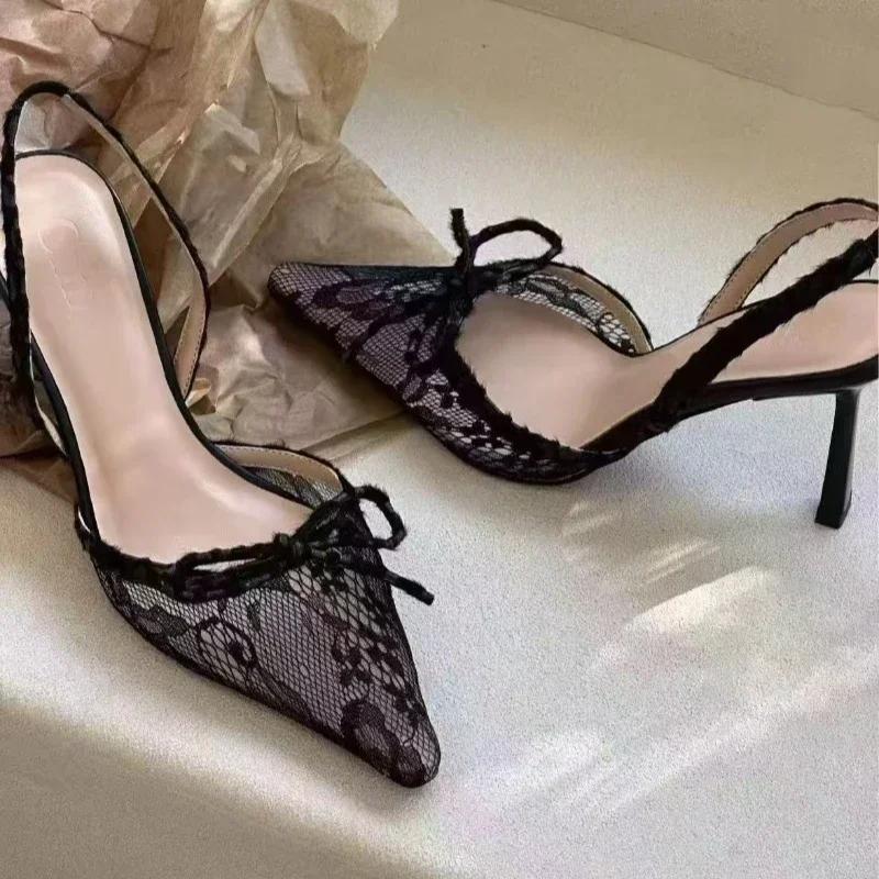 2025 New Women's Sandals High Heel Leopard Print Lace Pointed Toe Bow Heels Women Dress Sexy Designer Style Zapatillas De Mujer