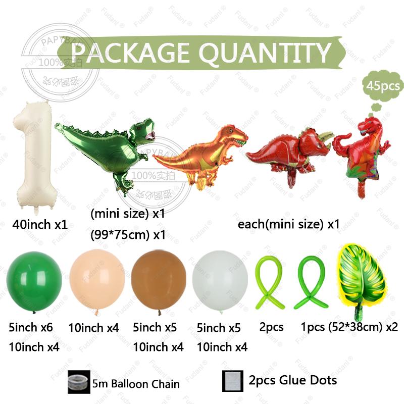 45pcs Jungle Dinosaur Party Balloons Set Mini Dinosaur Balloon Cream White Number Ballon Kids 1 2 3 4 5Year Birthday Party Decor