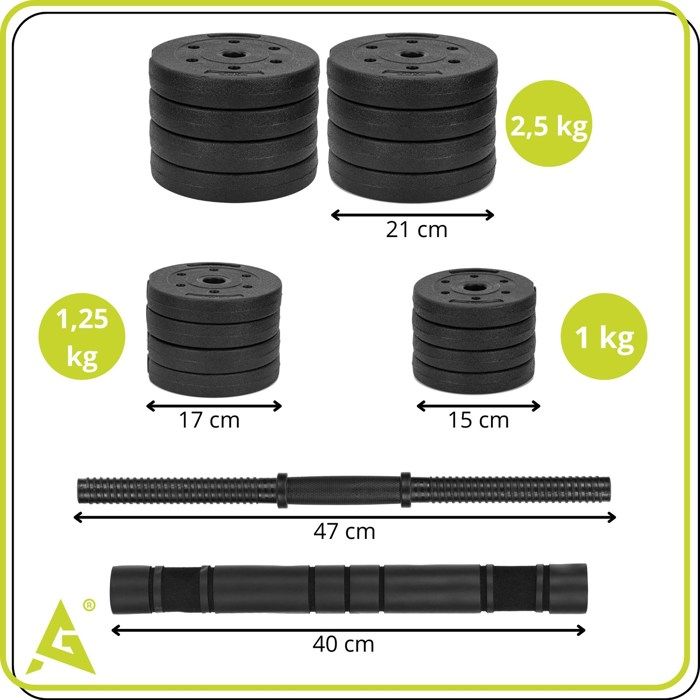 Haltères avec charge réglable 30 kg pour la musculation, set 2x15 kg, plaques, barre