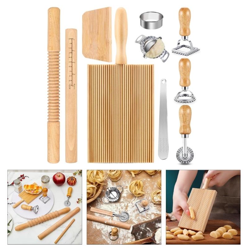 Wood Threaded Rolling Pin Pastas Tool Set Dough Scraper Gnocchi Board Dumpling Maker Ravioli Stamp Cutter Wood Texture