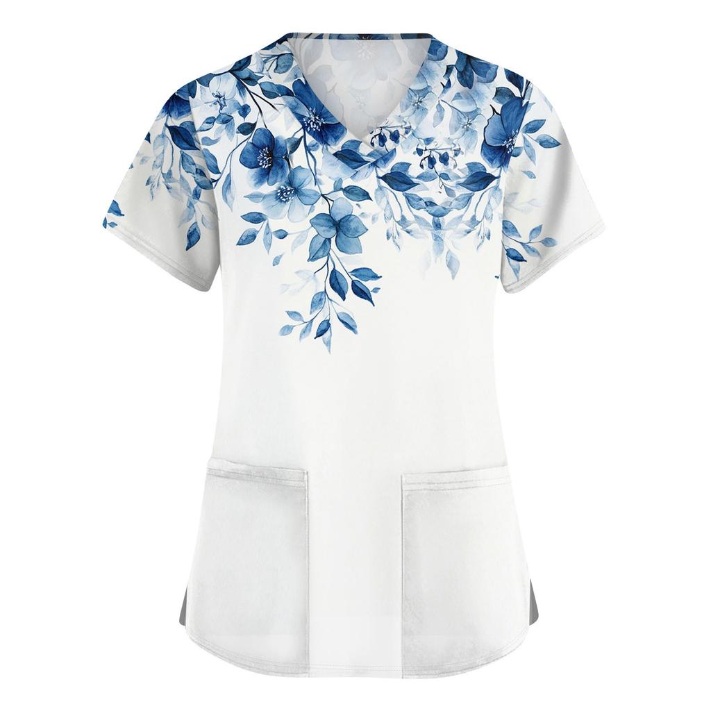 Niedlich bedruckte Arbeitskleidung für Damen, V-Ausschnitt, doppellagige Taschen, Basic-Kurzarm-Oberteil, Pullover