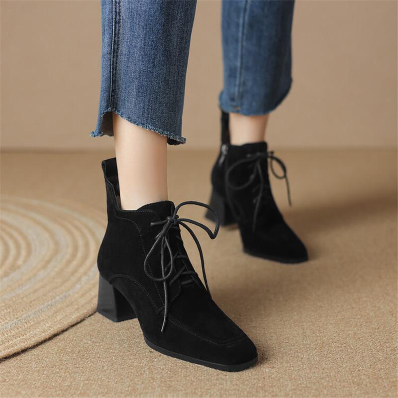 Fashion New Autumn Winter Sheep Suede Women Shoes Square Toe Retro Lace Up Short Boots for Women Chunky Heel High Heel Women Boots