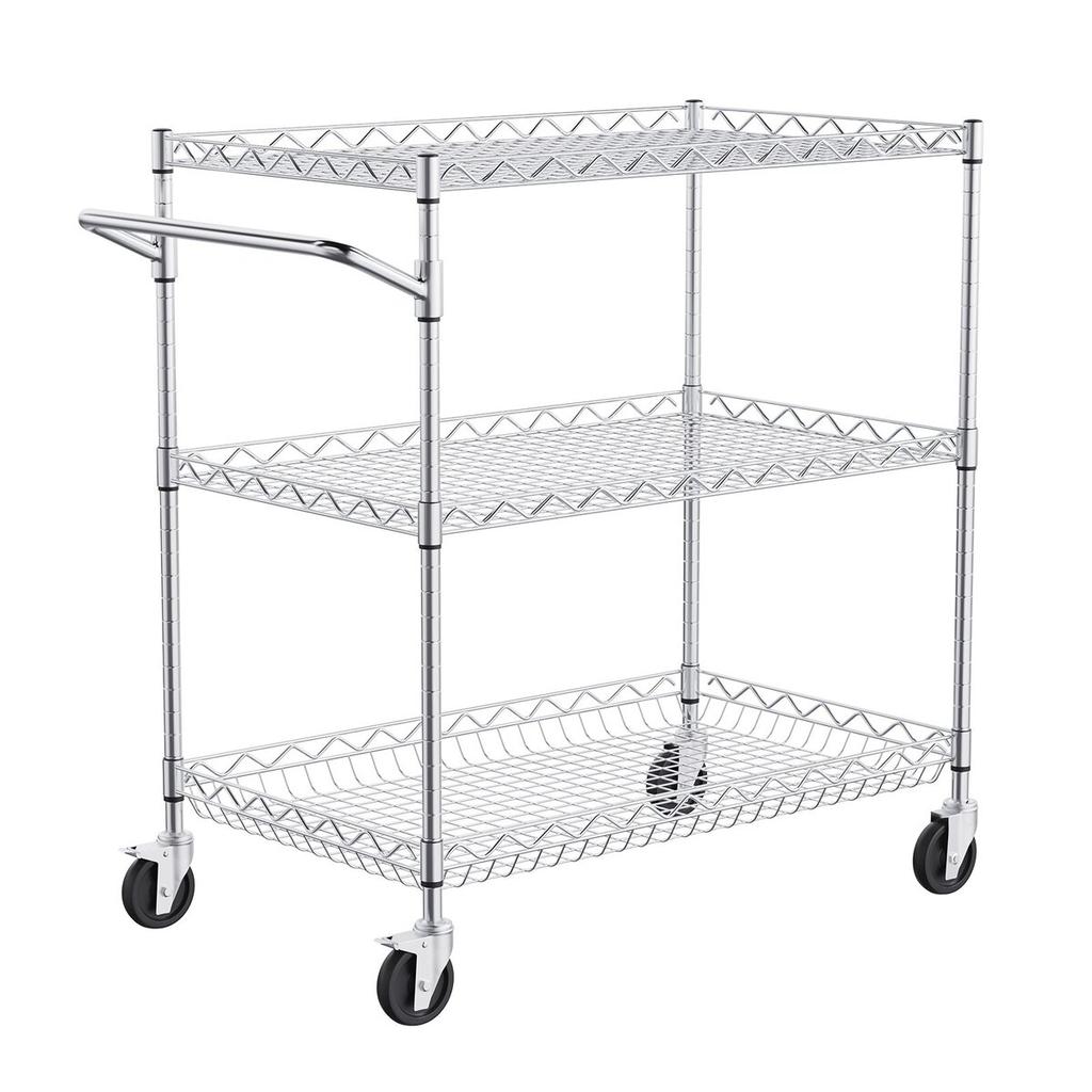 Kitchen Utility Cart, 3 Tiers, Wire Rolling Cart with 661LBS Capacity, Steel Service Cart On Wheels, Metal Storage Trolley with 80mm Deep Basket