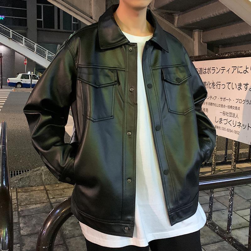 A loose and soft autumn men's lapel casual leather jacket single-breasted jacket