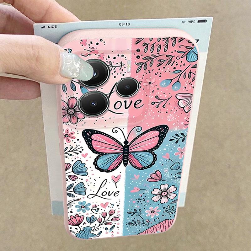 Blue Pink Butterfly Floral Pattern Case For Xiaomi 14T 13T 11T Pro Funda Redmi Note 14 13 12 11 Pro 5G 4G Leather Texture Silicone Cover