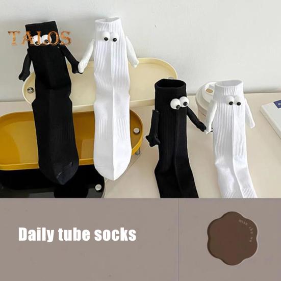 1 Pair Cartoon Magnet Hand-linking Socks Knitted Color Matching Christmas Style Elastic Anti-slip Warm No Odor Festive New Year Mid-tube Socks