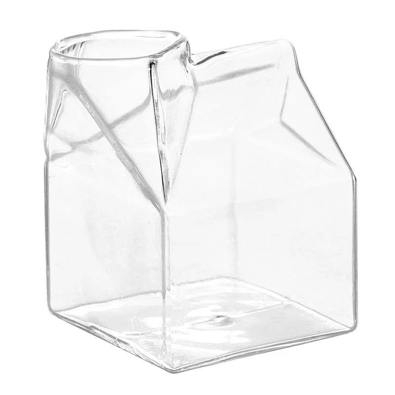 300ml Creative Transparent Milk Box Cup Milk Box Shape Glass Cups Bottle for Juice Cute Coffee CupTea Drinkware Students Drink