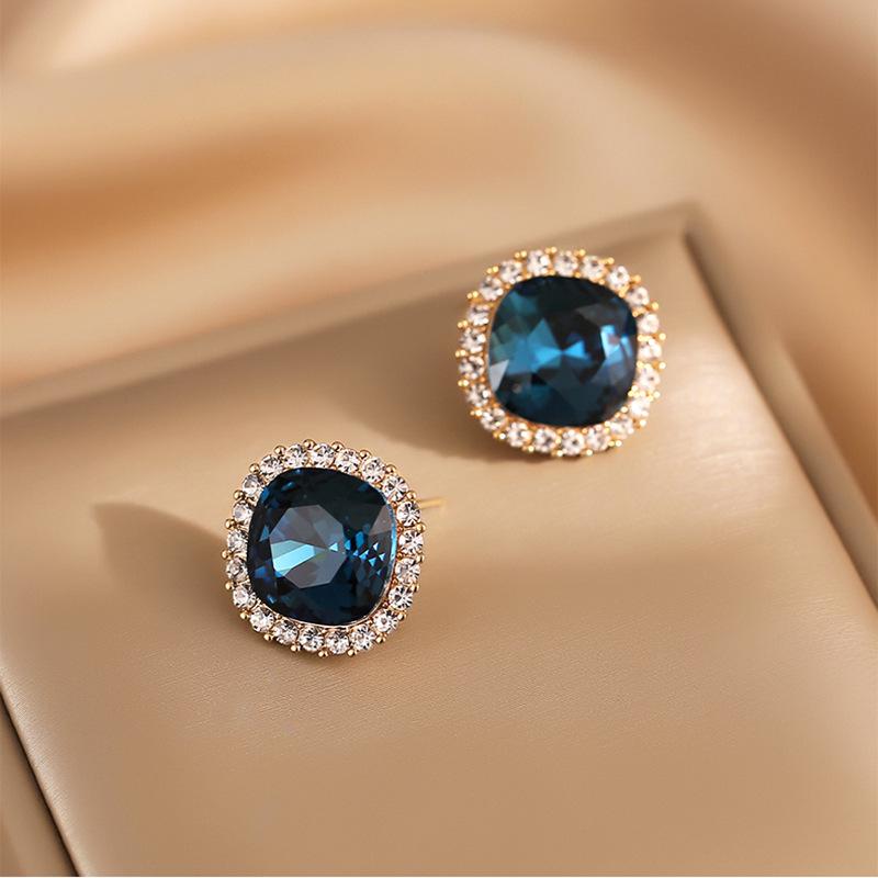 2023 Trendy S925 Silver Blue Crystal Square Stud Earrings - Celebrity Style, Super Fairy, High-End Fashion