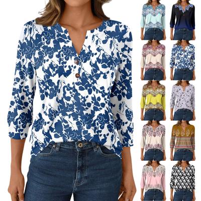 Γυναικείο Μόδα Casual Μπλουζάκι 3/4 Μανίκι Prints V-Λαιμόκοψη Κουμπωτό Τοπ