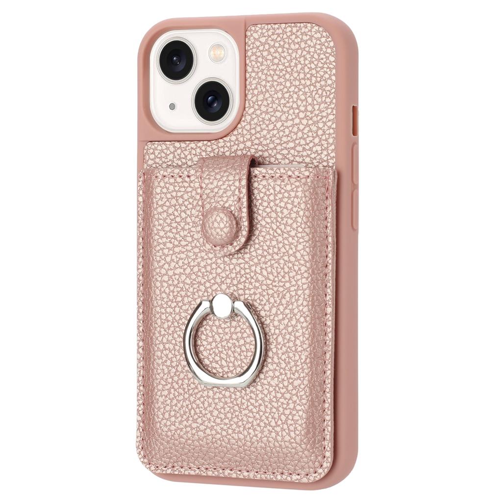 For iPhone 14/13 Case Drawing Type Card Slots Litchi Texture Leather Back Cover with Ring Kickstand