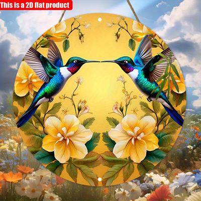 2D flach 20*20cm 1 Stück Retro Kolibris fliegen unter gelben Blumen Landschaft Rundes Holz Türschild, Nostalgischer&Schöner Anhänger für Café Garage Fenster