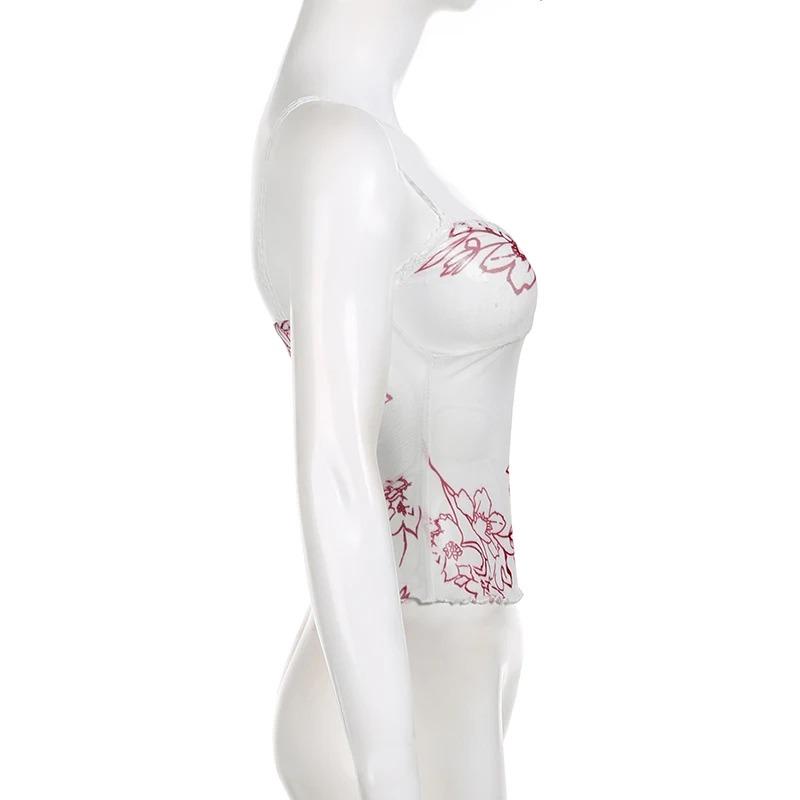 Sexy Transparent Mesh Camis Y2k Rosa Retro Blumendruck Ärmelloses Spitzenband Crop Top Frauen Casual Sommer Tees Harajuku