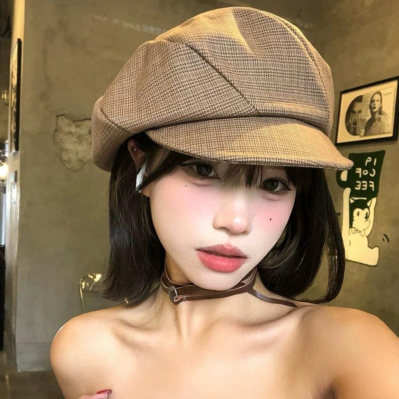25 Early autumn new small plaid literary and retro octagonal hat women's pleated plaid large version newsboy hat