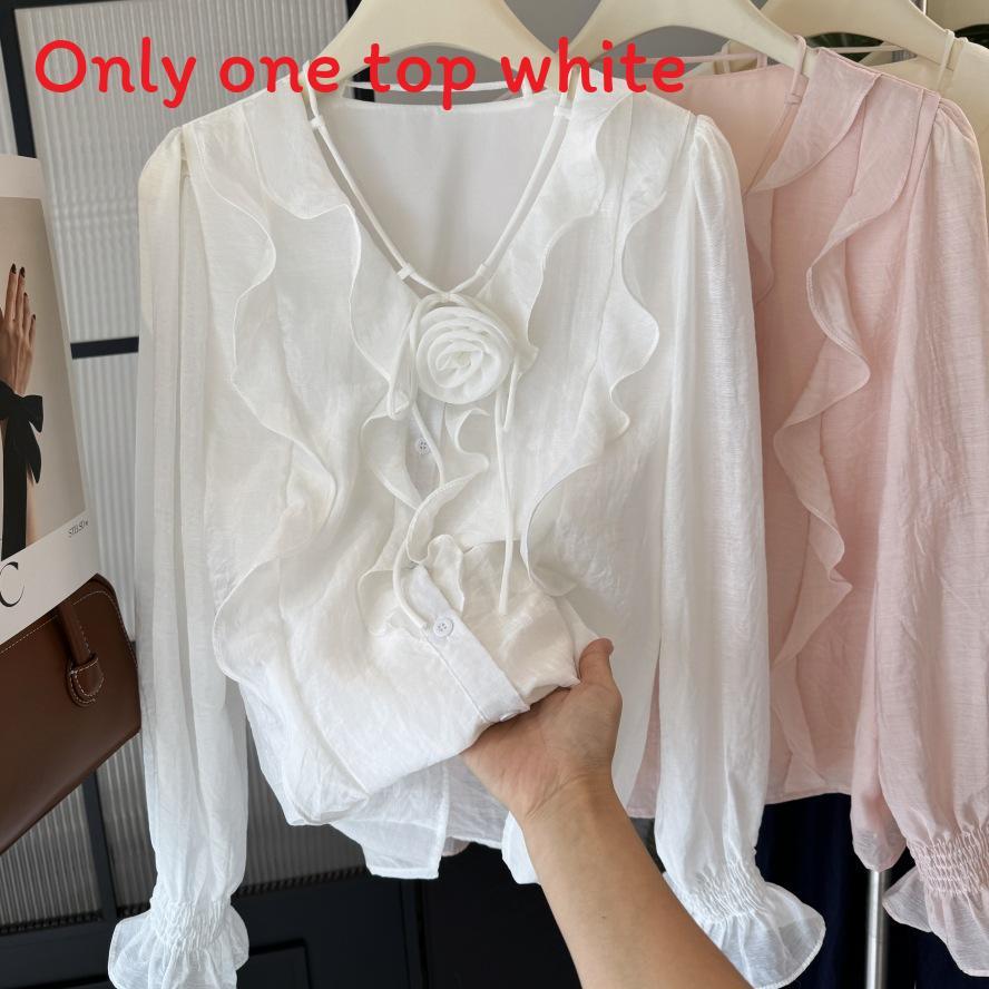 Romantic Korean Style V Neck Long Sleeve Shirt With Ruffle Tie Detail For Casual Wear