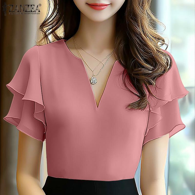 

ZANZEA Women Casual V-Neck Summer Ruffles Sleeve Blouse S абрикосовый