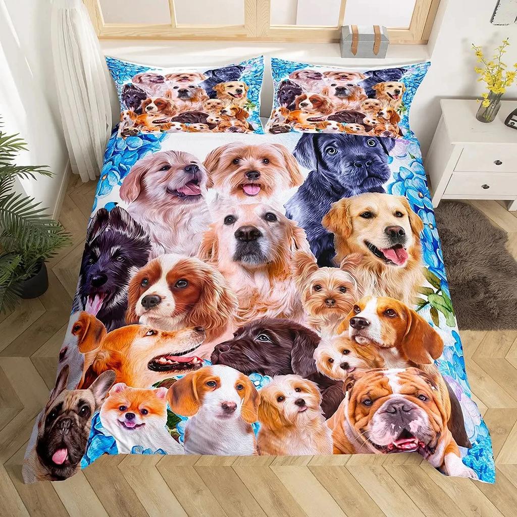 Cartoon Pug Dog Duvet Cover Set Comforter Cover Soft Bedding Set Full Size for Boys Girls Bedroom 2/3 Pieces with Pillow Shams