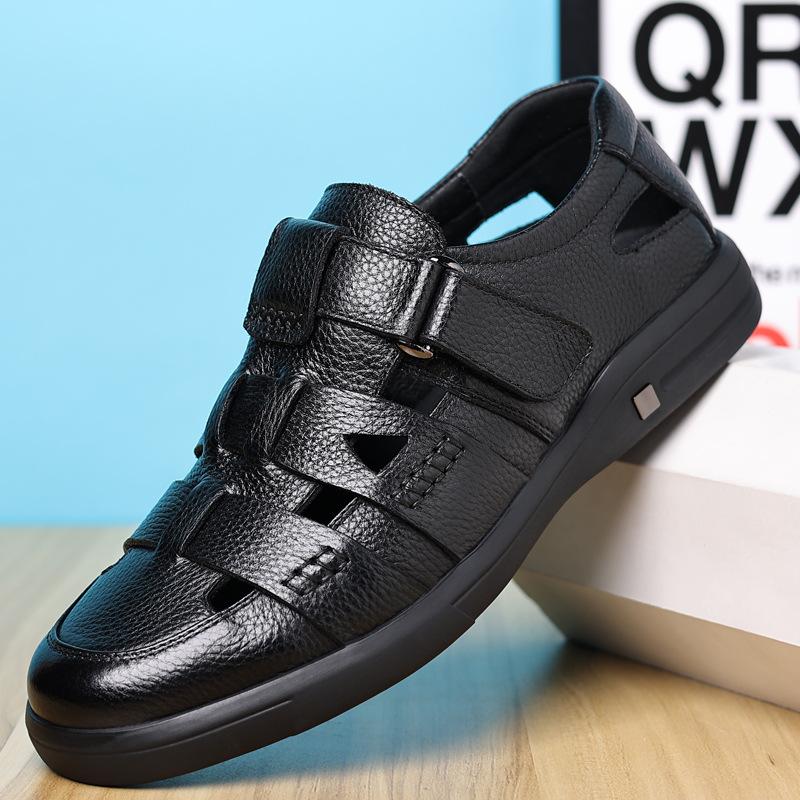 Men'S Leather Breathable Sandals Hollow Hole Shoes Soft Sole Soft Surface Casual Leather Shoes Men'S Middle-Aged And Elderly Father Shoes