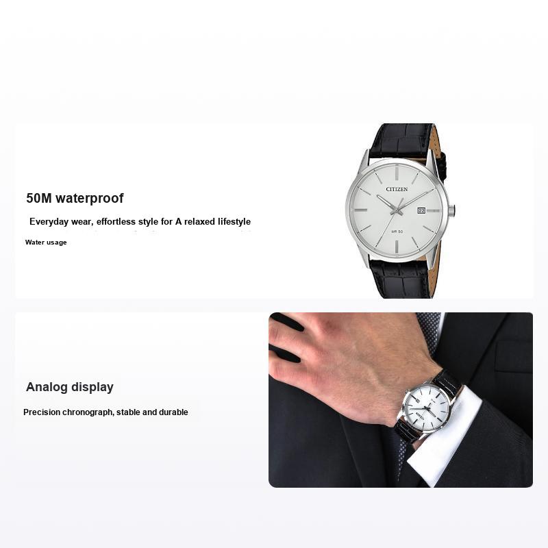 Citizen 50M Waterproof Quartz Movement Genuine Leather Strap Watch Men watches White BI5000-01A White Dial