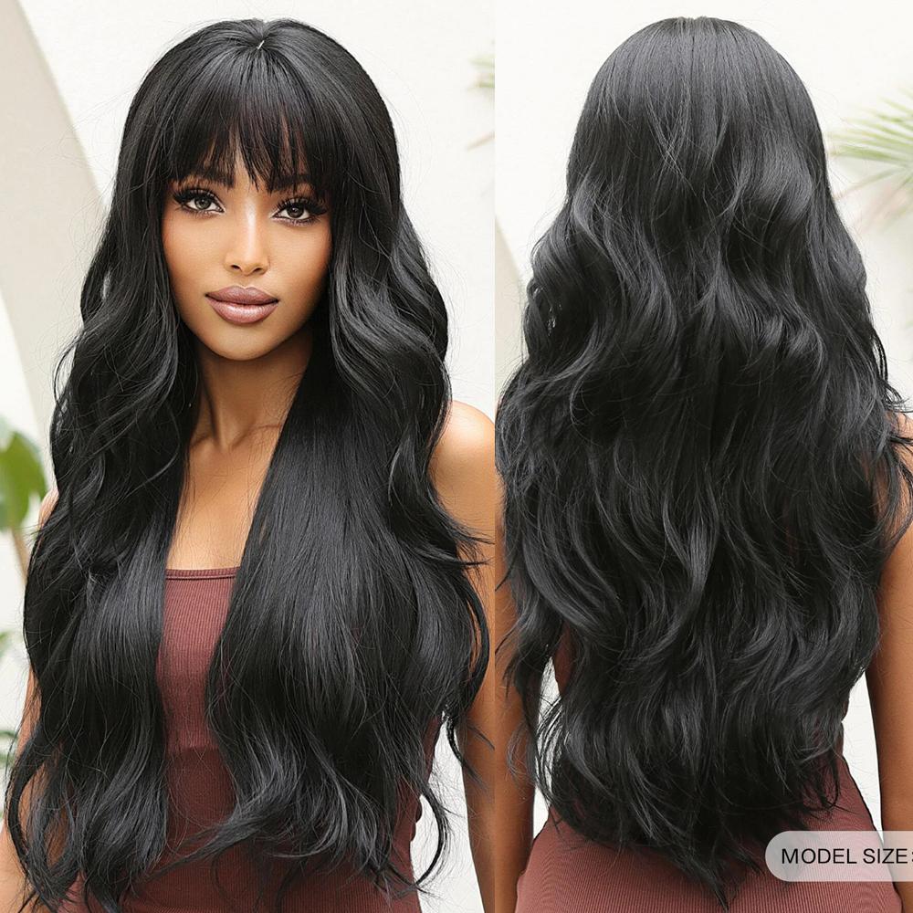 Lang Golvend Bordeaux Donkerrood Synthetisch Haar Pruiken met Pluizige Pony voor Vrouwen Wijnrood Body Wave Halloween Cosplay Natuurlijke pruik