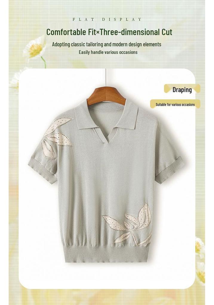 Mom's Summer Lace-Up Ice Silk Knit T-Shirt for Middle-Aged Women, New Lapel Style, Loose Fit, Lightweight Short Sleeve